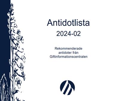 framsida av häftet Antidotlista med en växt teckat i blått och texten Antidotlista 2024-02